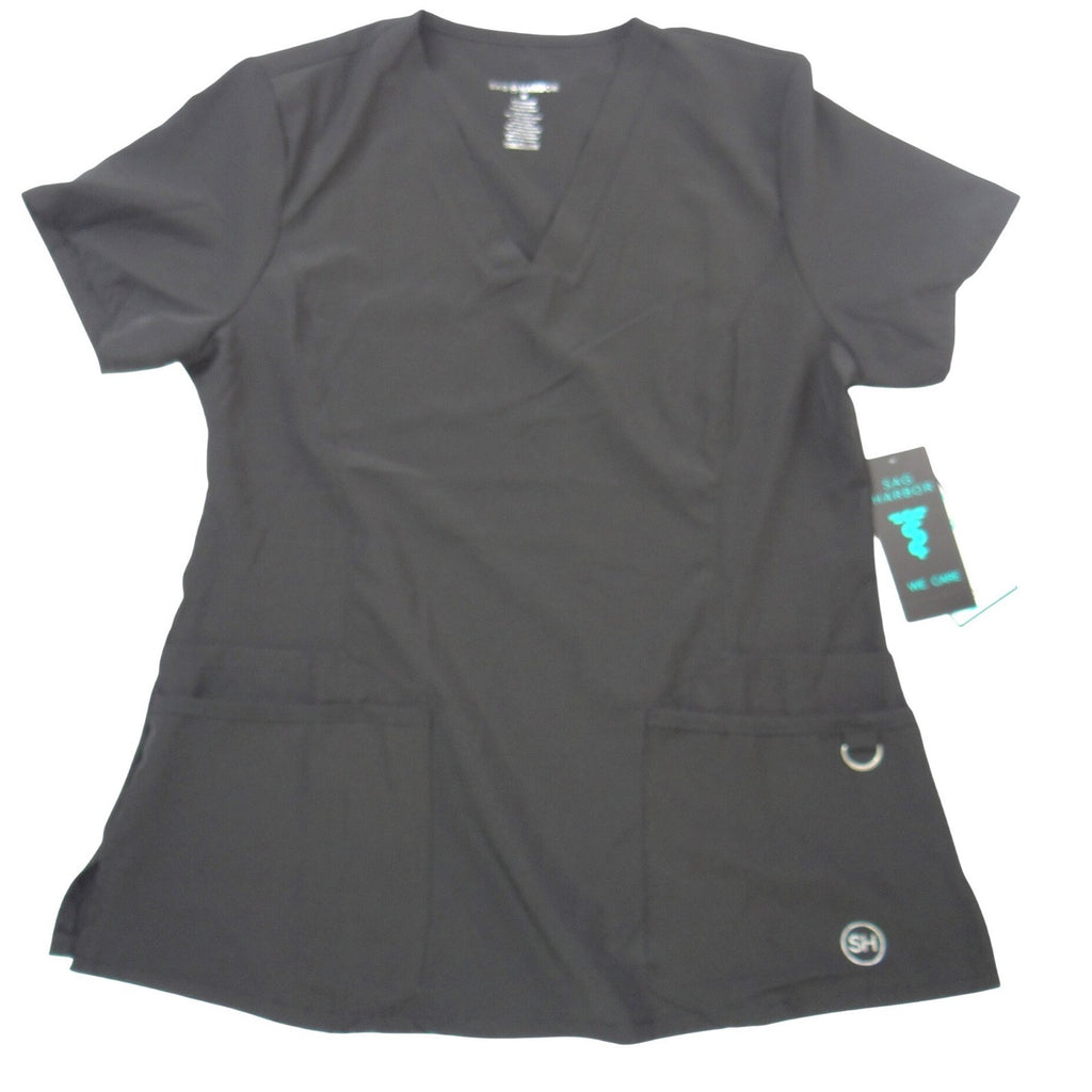 NWT-Sag Harbor We Care Black V-Neck Scrub Top Medical Uniform 4-Way Stretch Med