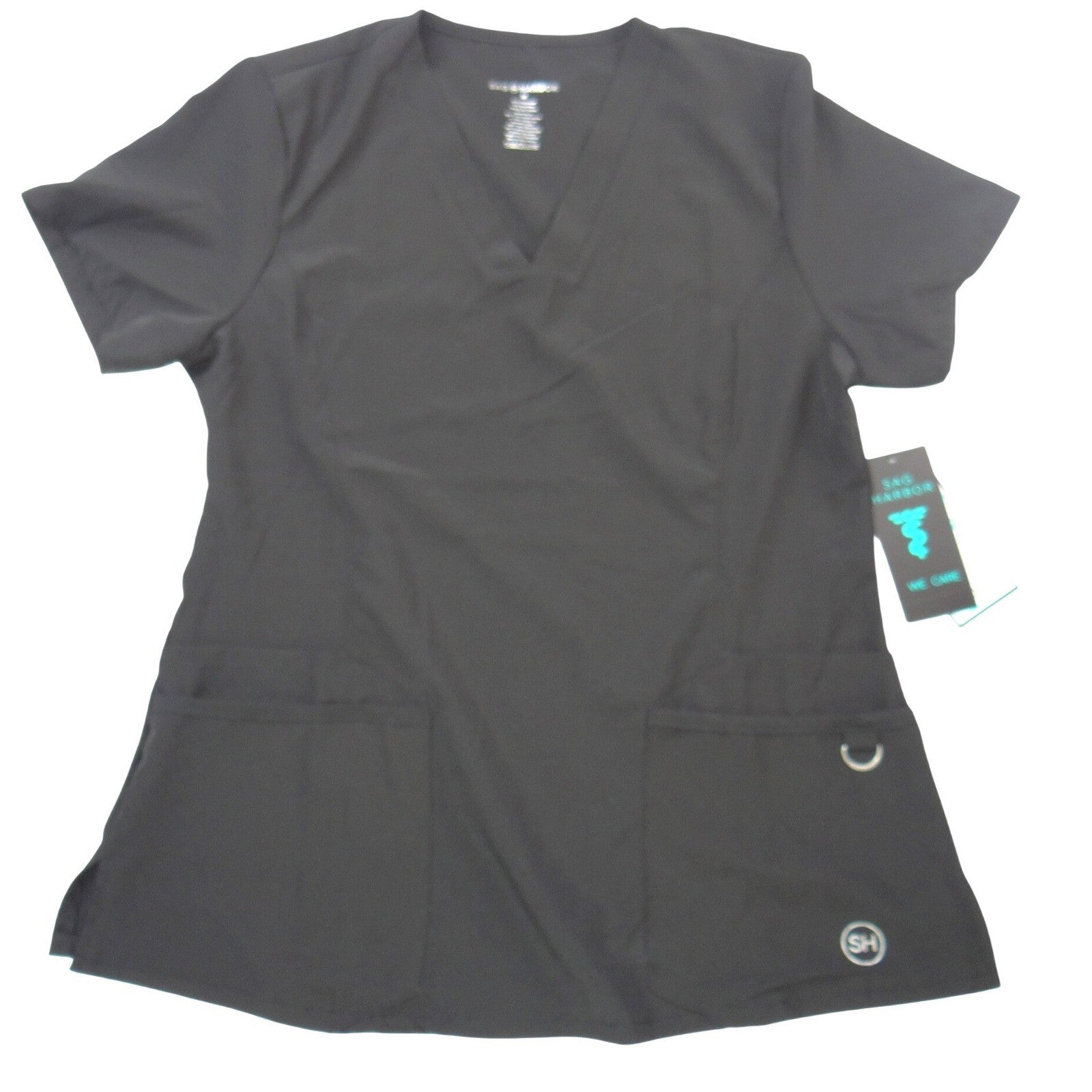 NWT-Sag Harbor We Care Black V-Neck Scrub Top Medical Uniform 4-Way Stretch Med