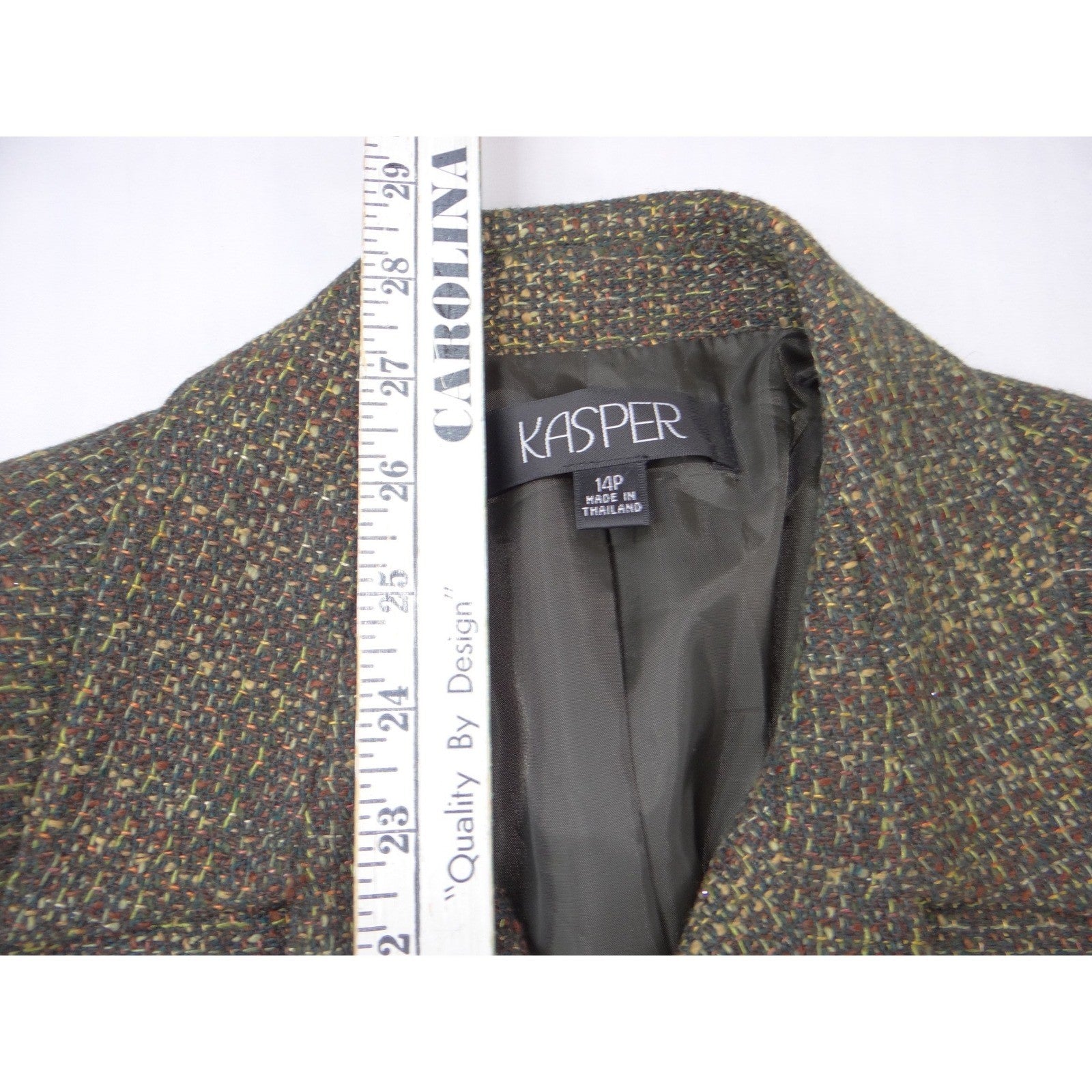 VTG Kasper Womens 14P Petite Textured Tweed Blazer Jacket Brown Olive 4-Pocket