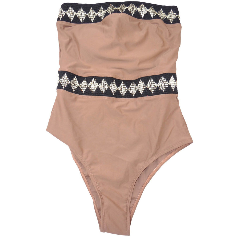 Womens Strapless One Piece Swimsuit Brown Gold Embroidered Sequin Medium