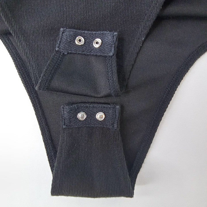 Black Puff Sleeve Ribbed Bodysuit Long Sleeve Thong Snap Closure Women