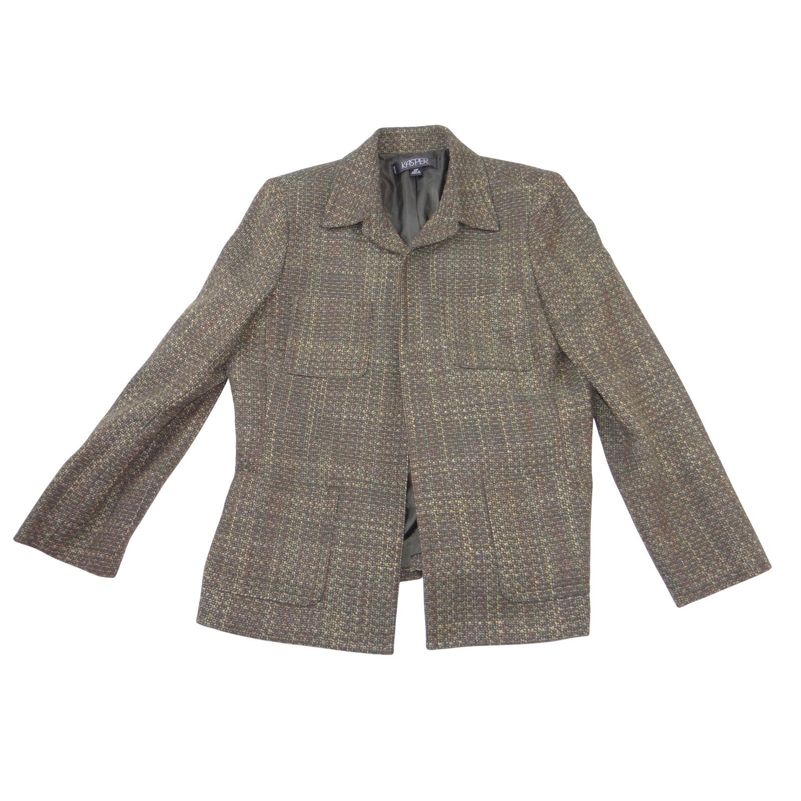 VTG Kasper Womens 14P Petite Textured Tweed Blazer Jacket Brown Olive 4-Pocket