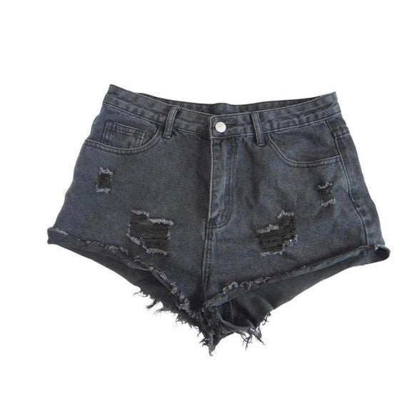 SHEIN Womens High Waisted Distressed Denim Shorts Washed Black Raw Hem Size M
