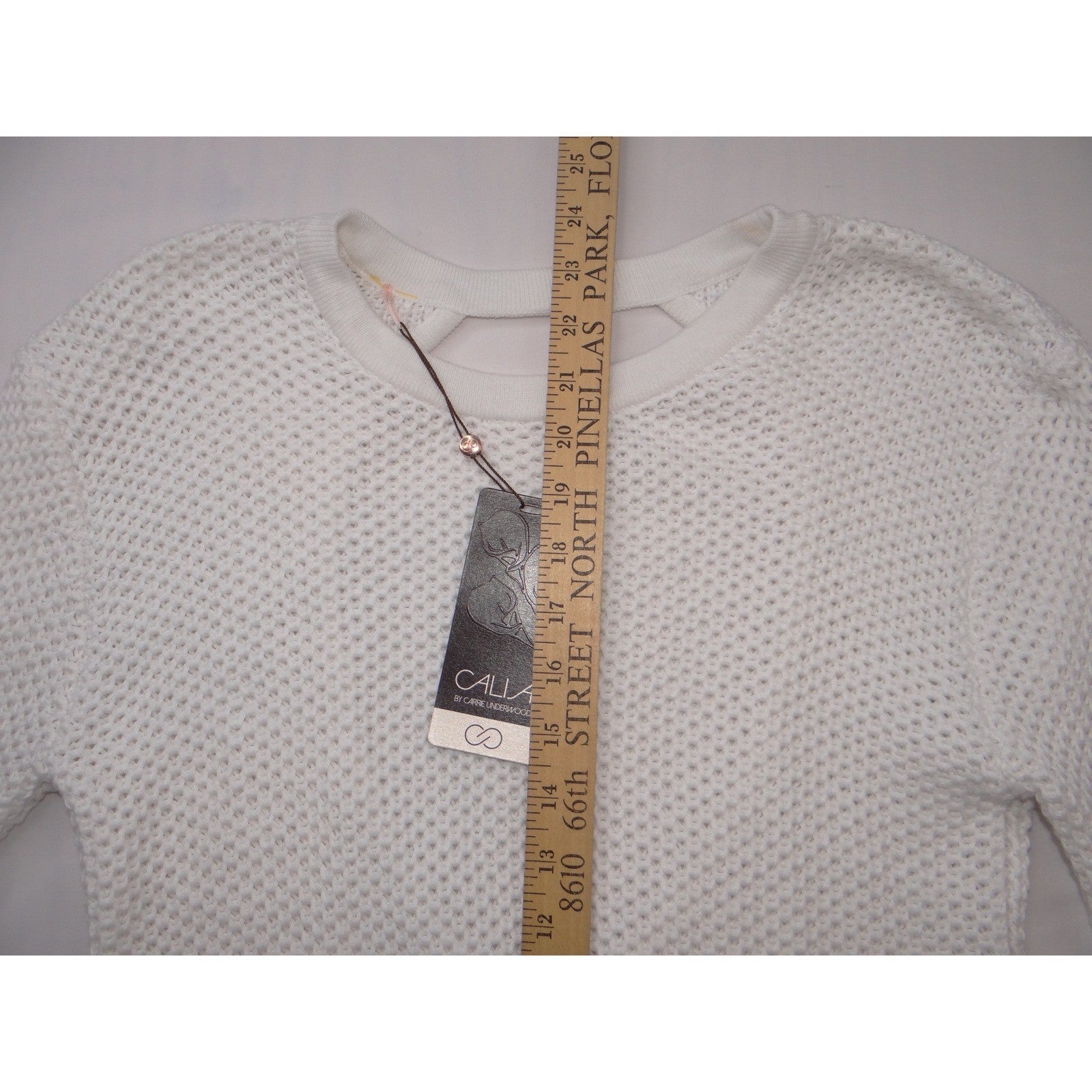 Calia by Carrie Underwood Effortless Crochet Sweater Pure White Open Back XS NEW