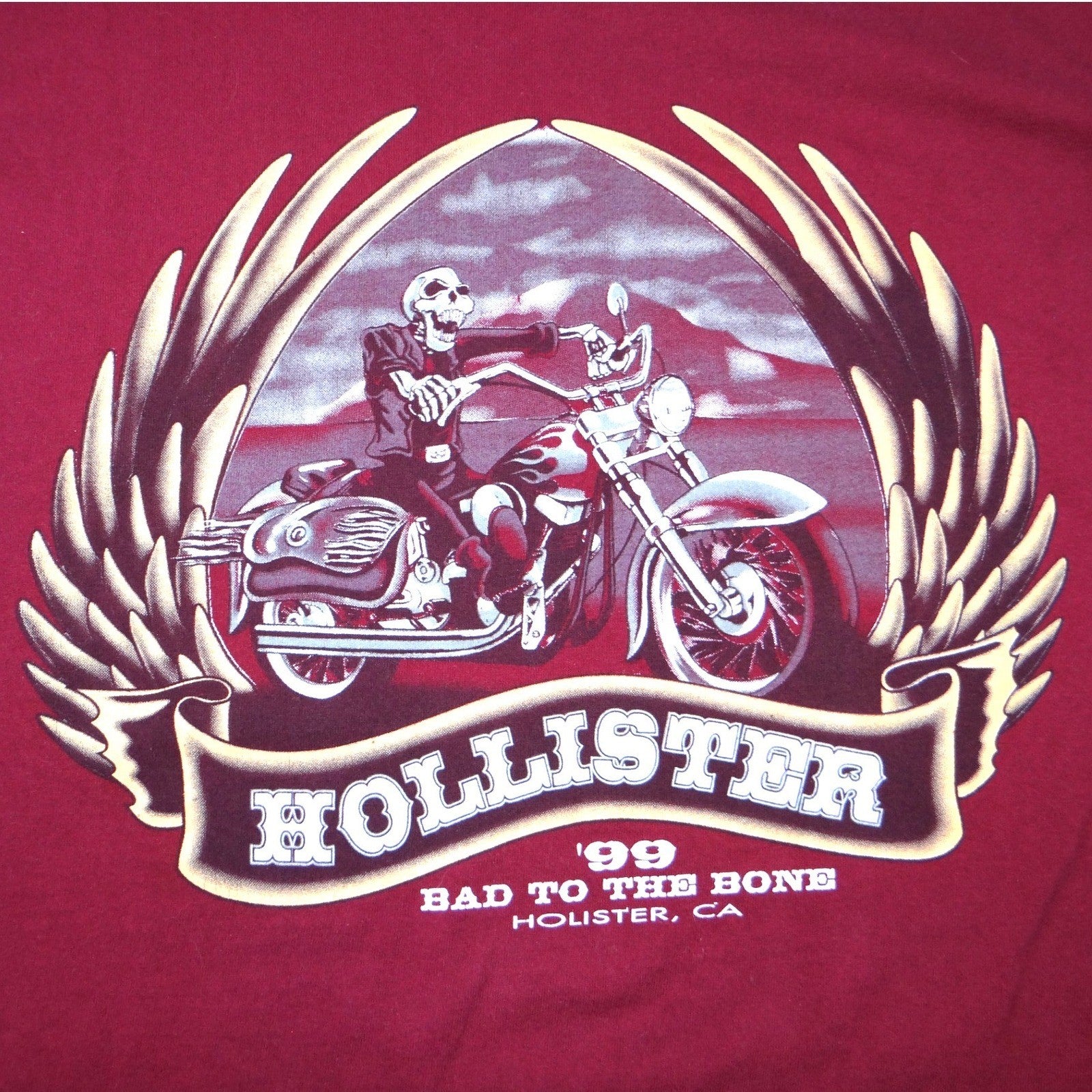 Vintage Red Skeleton Biker Bad To The Bone Tee Hollister Calif Mens XL