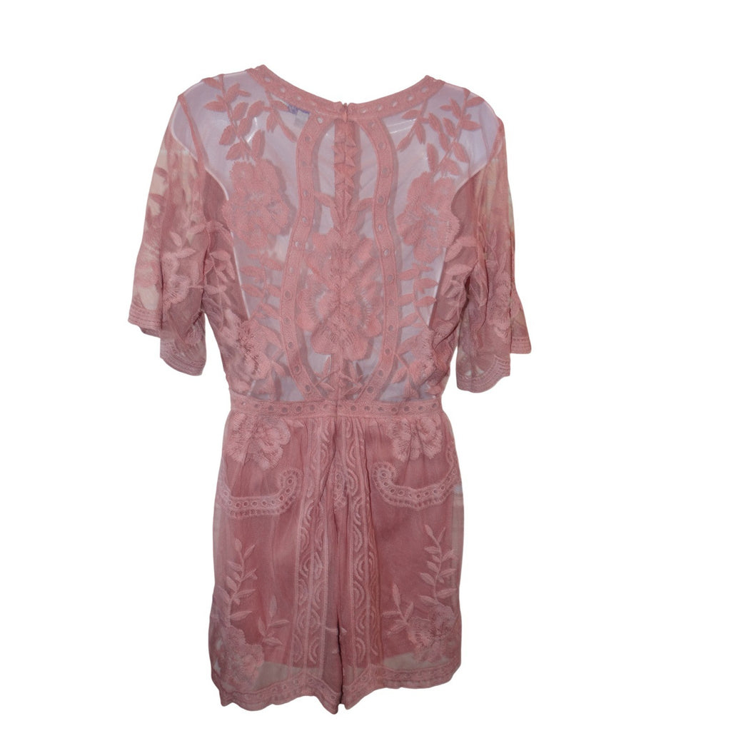 She + Sky Pink Lace Kimono Sleeve Romper Women's Small Festival Beach Cover Up