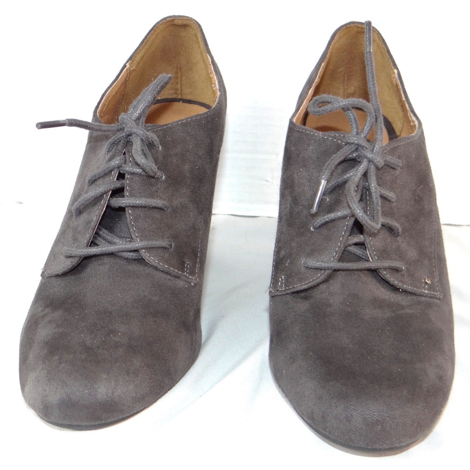 ana A New Approach Grey Faux Suede Lace Up Block Heel Oxford Booties Size 10