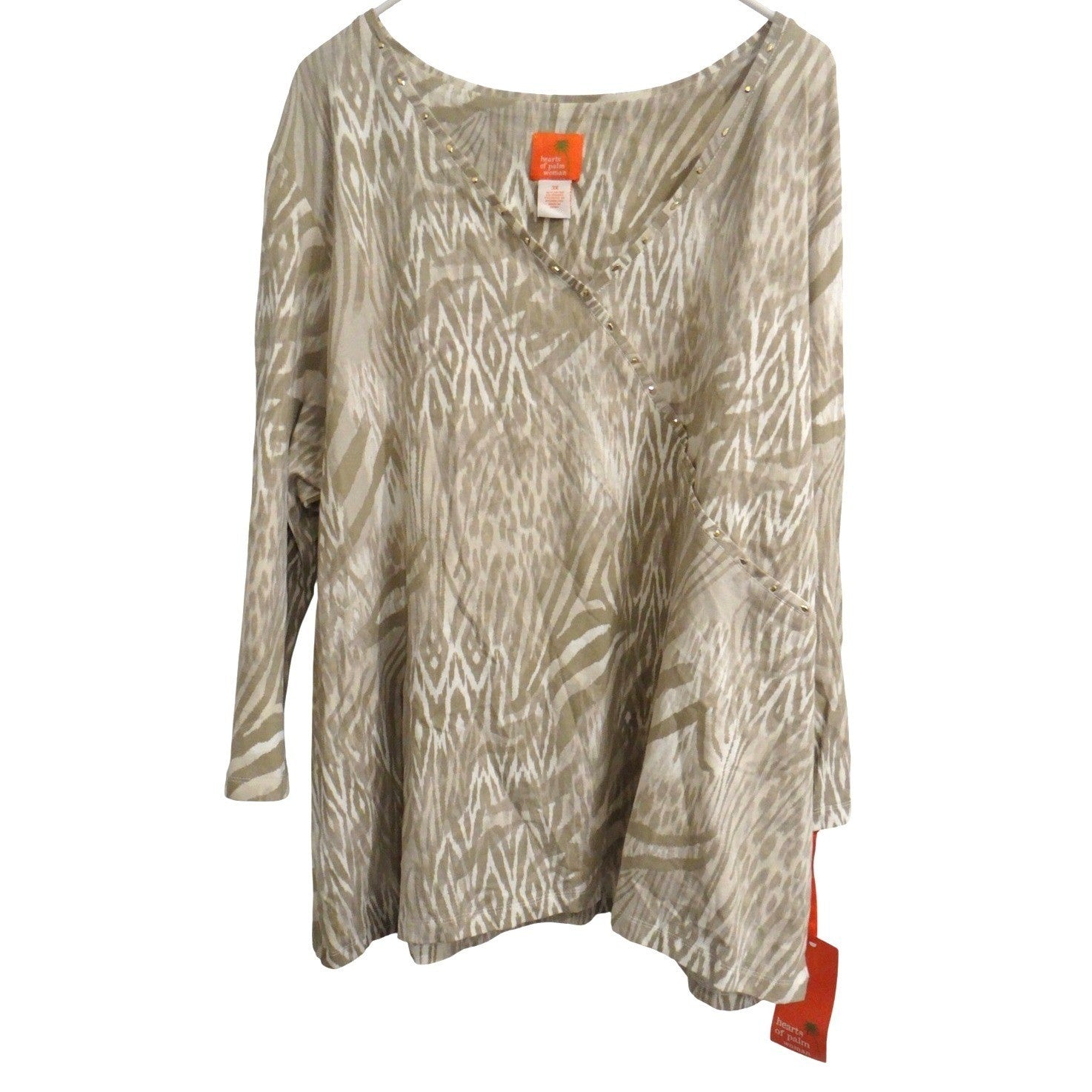 Hearts of Palm Women 3X Tunic Top Long Sleeve Beige Zebra Print V Neck