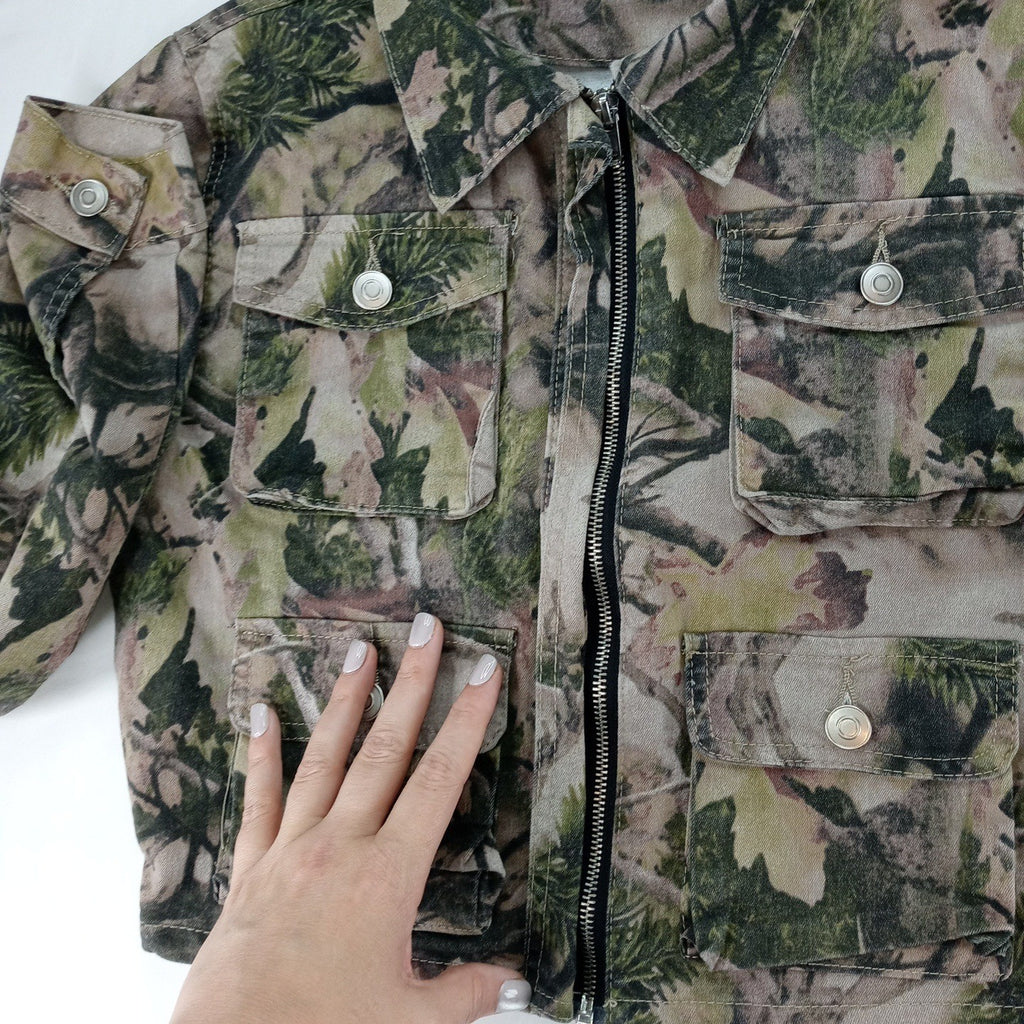 Refuge Camouflage Cropped Denim Jacket Women Size M Utility Pockets Casual