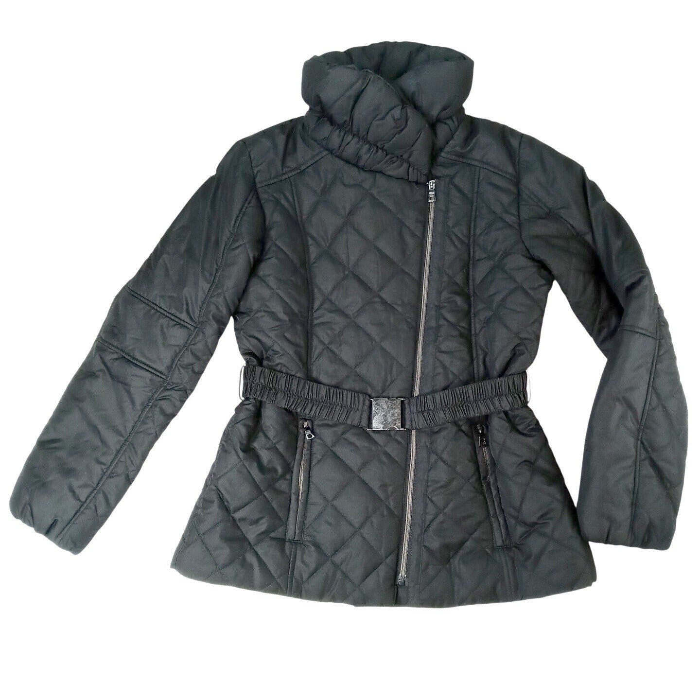 NWT Vintage Black Quilted Belted Puffer Jacket Stand Collar Full Zip Women's M