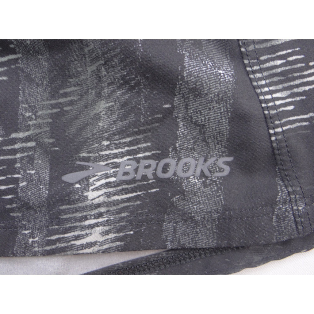 Brooks Womens Running Shorts Black Grey Abstract Streak Pattern Reflective Logo