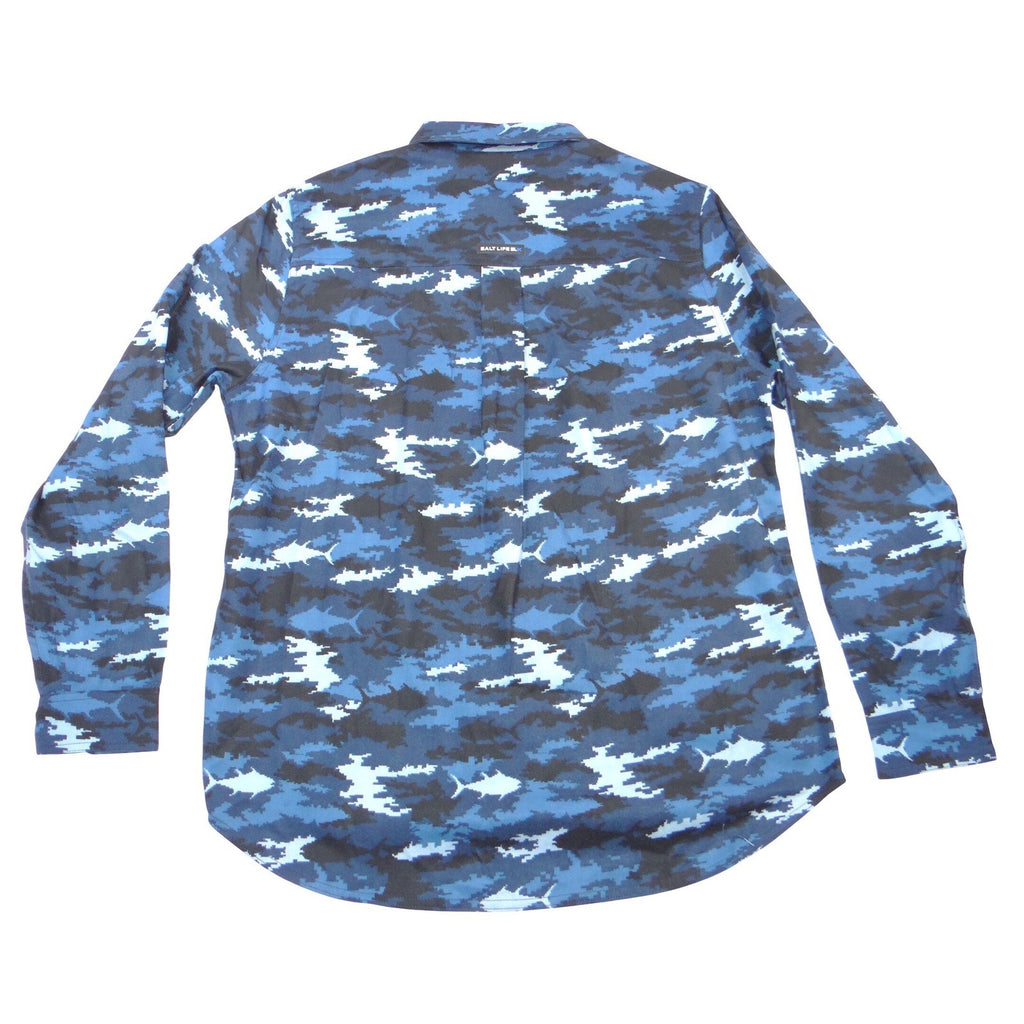 NWT-Salt Life SLX Mens Medium Blue Black Fish Camo Long Sleeve Button Down