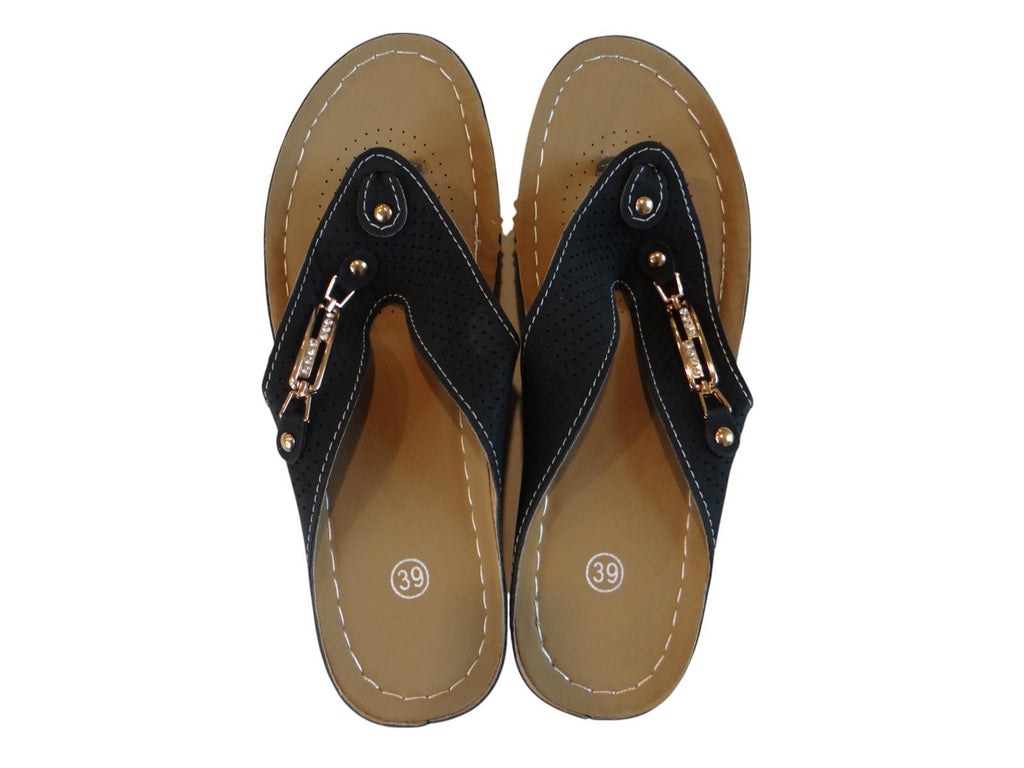 Stylish Women's Black Flip-Flop Sandals with Decorative Buckle
