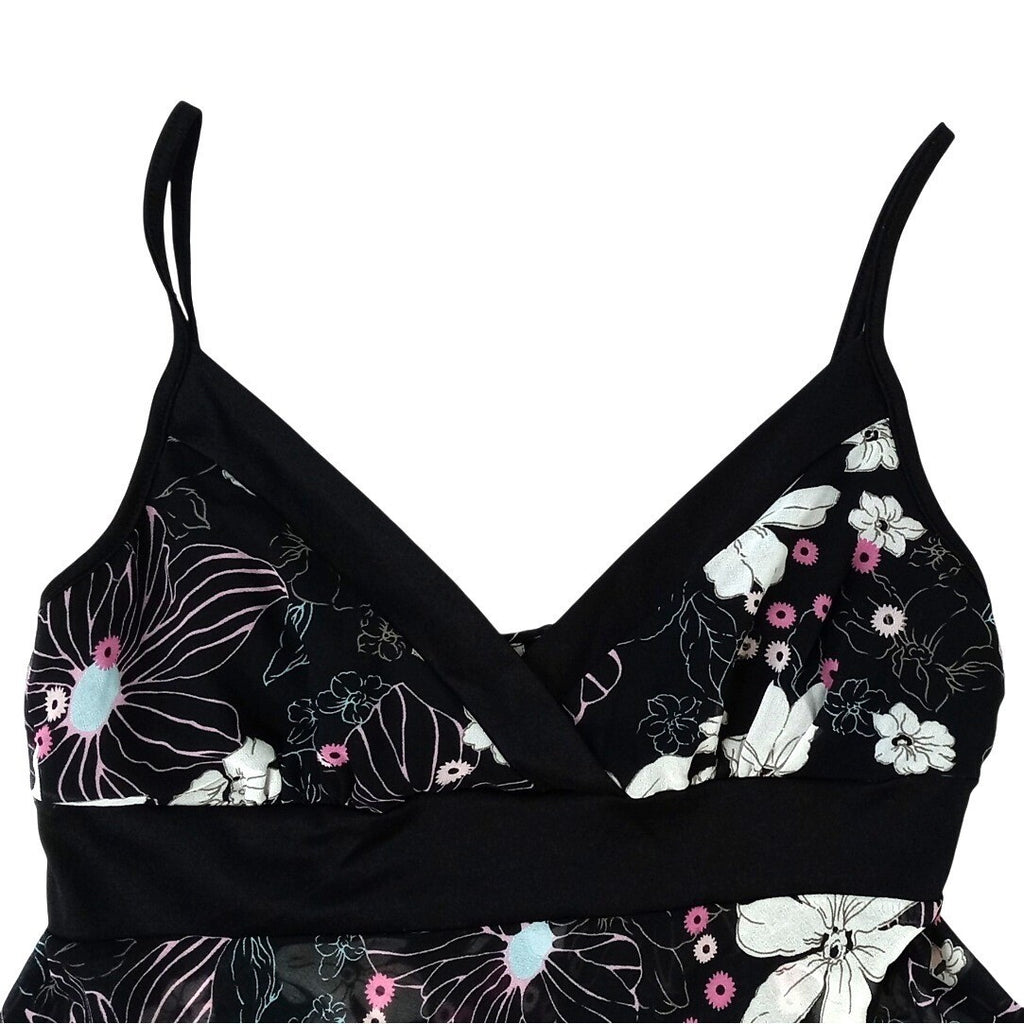 Y2k Black Floral Print Tank Flowy Handkerchief Hem Tank Top Women's Size Small