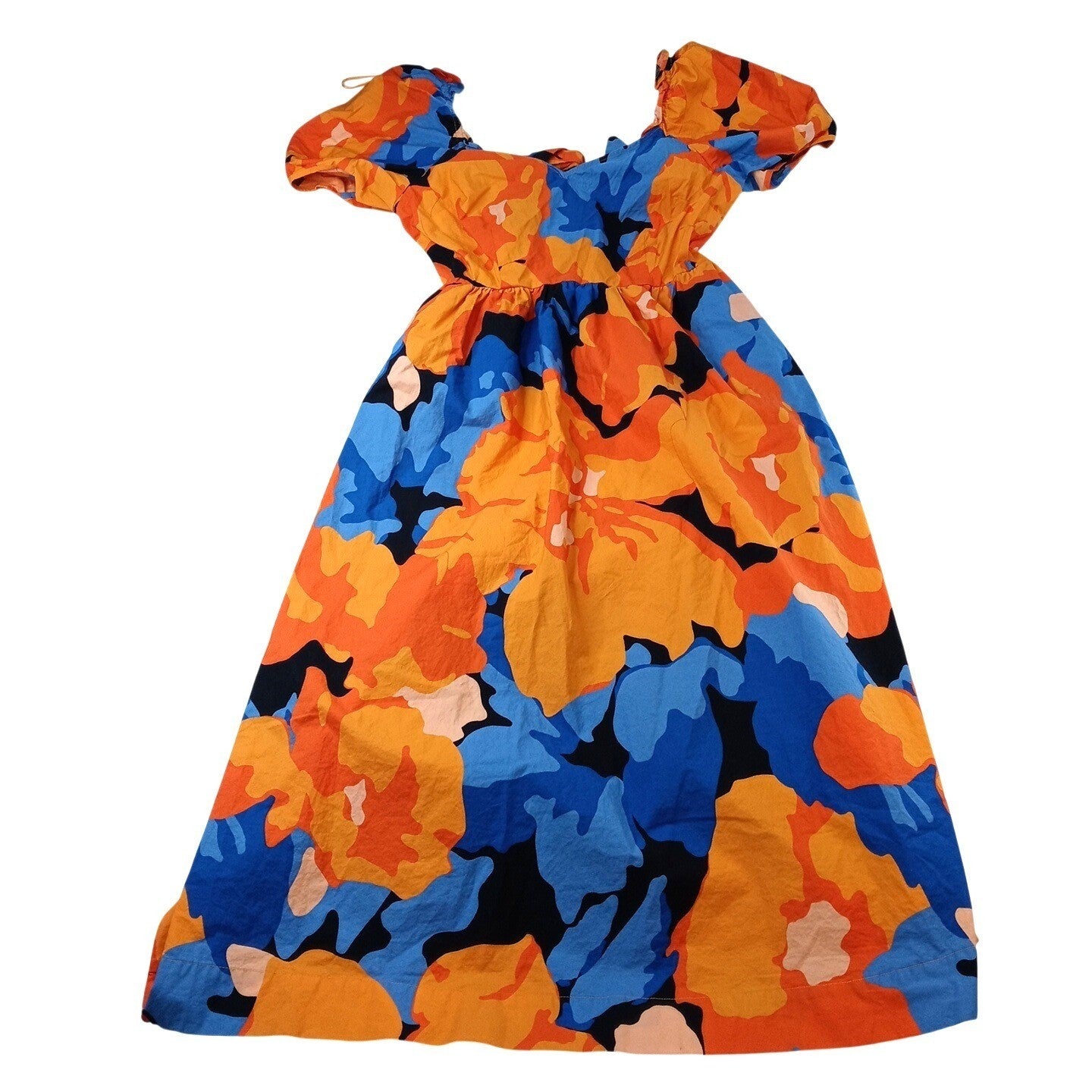 Bold Floral Print Midi Dress Orange Blue Black Puff Sleeve Square Neck