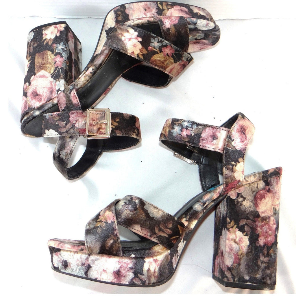 Parker & Sky Womens Floral Velvet Platform Block Heel Sandals Size 10 Black