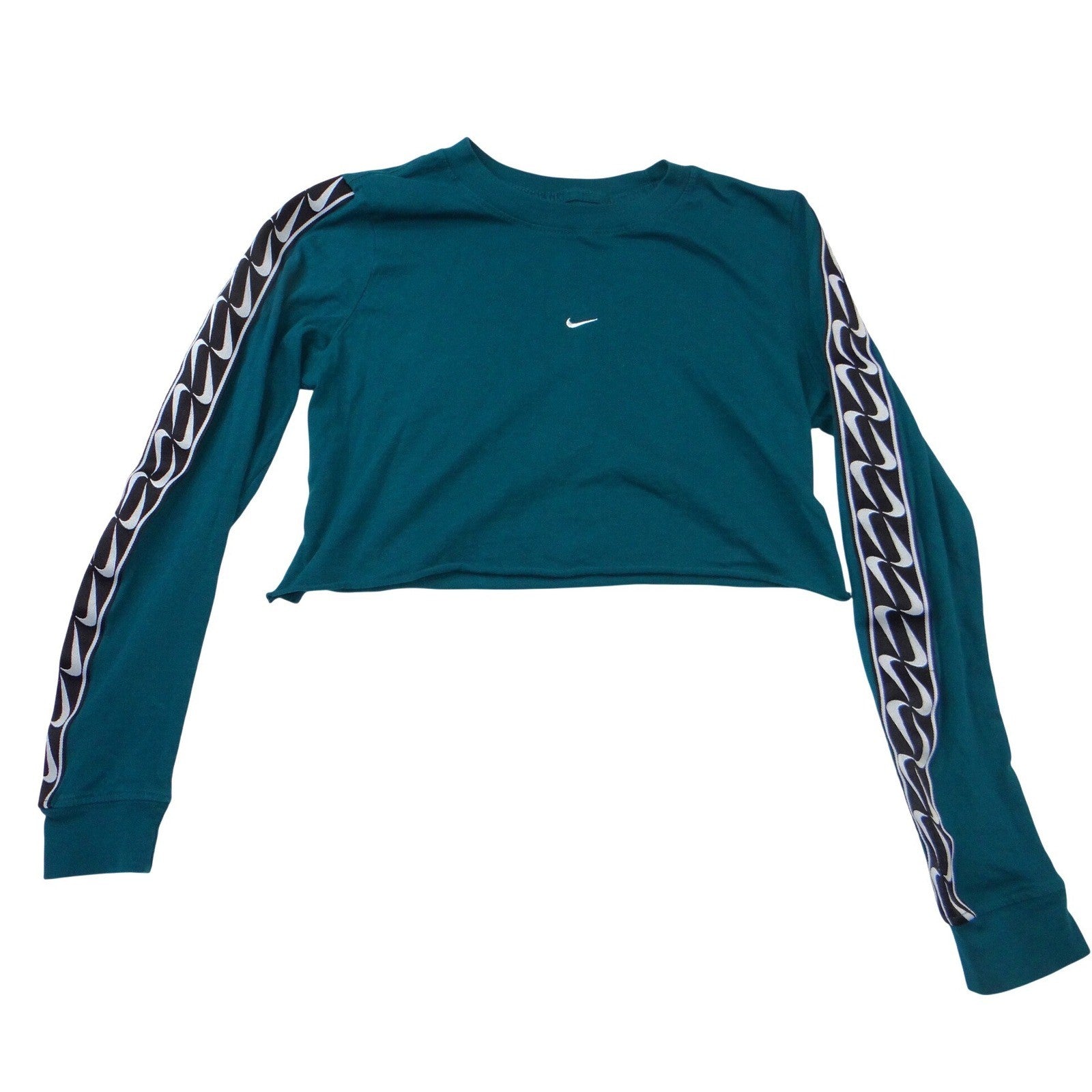 Nike Womens Long Sleeve Cropped T-Shirt Teal Green Logo Tape XS