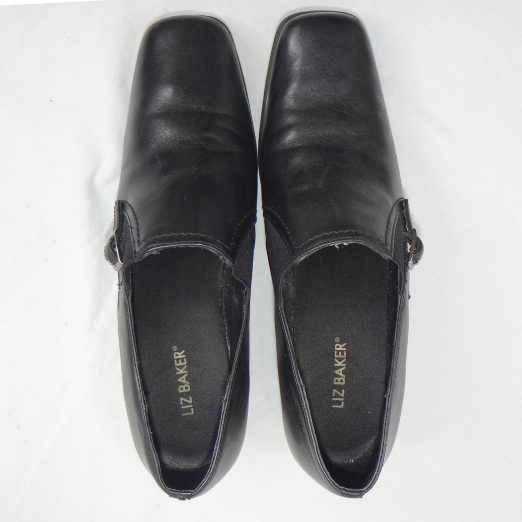 Liz Baker Black Leather Ankle Booties Block Heel Buckle Slip On Women 7.5 M B