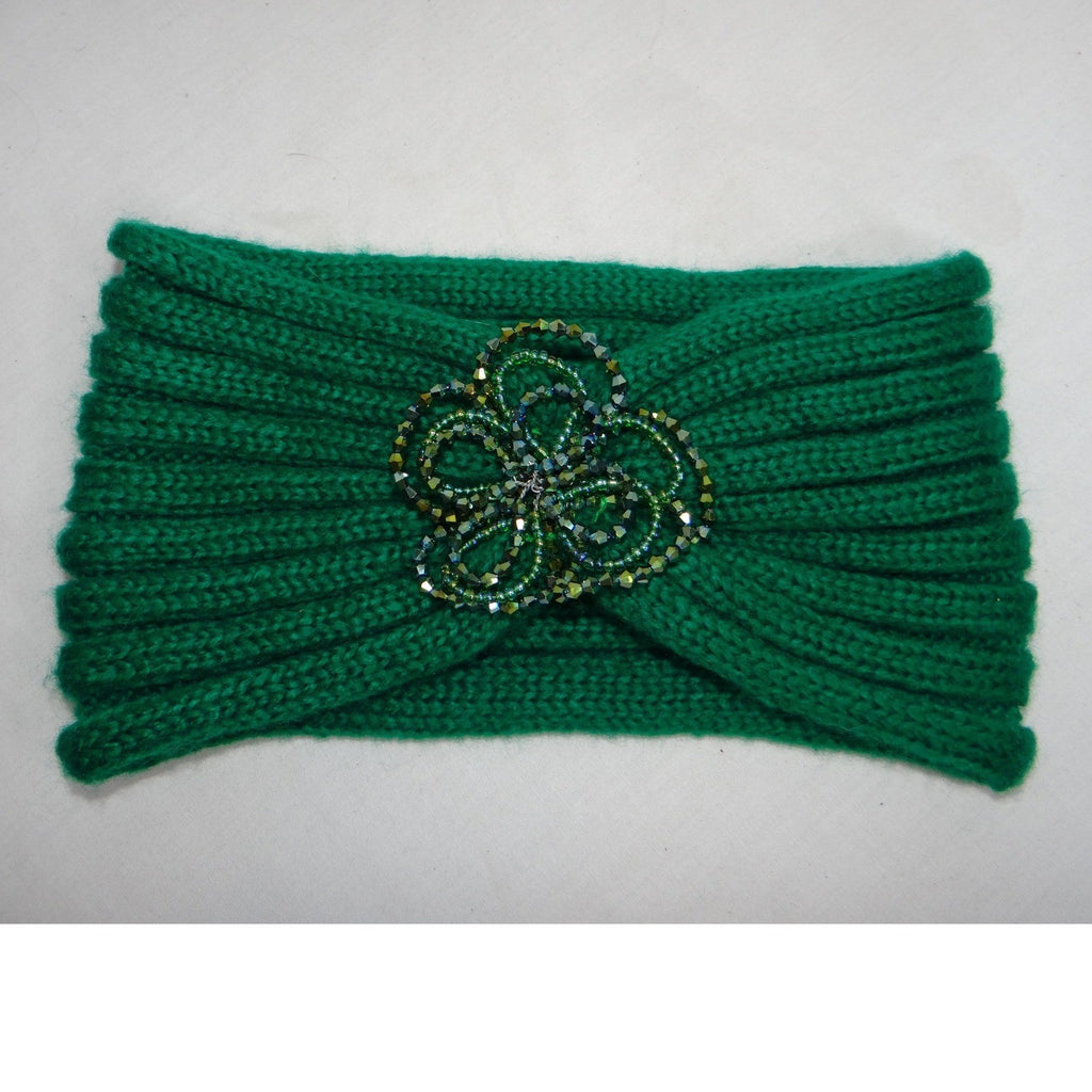 CC Exclusives Green Knitted Turban Headband Beaded Flower Embellishment