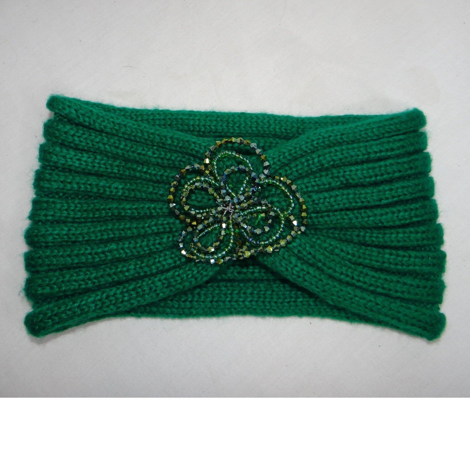 CC Exclusives Green Knitted Turban Headband Beaded Flower Embellishment