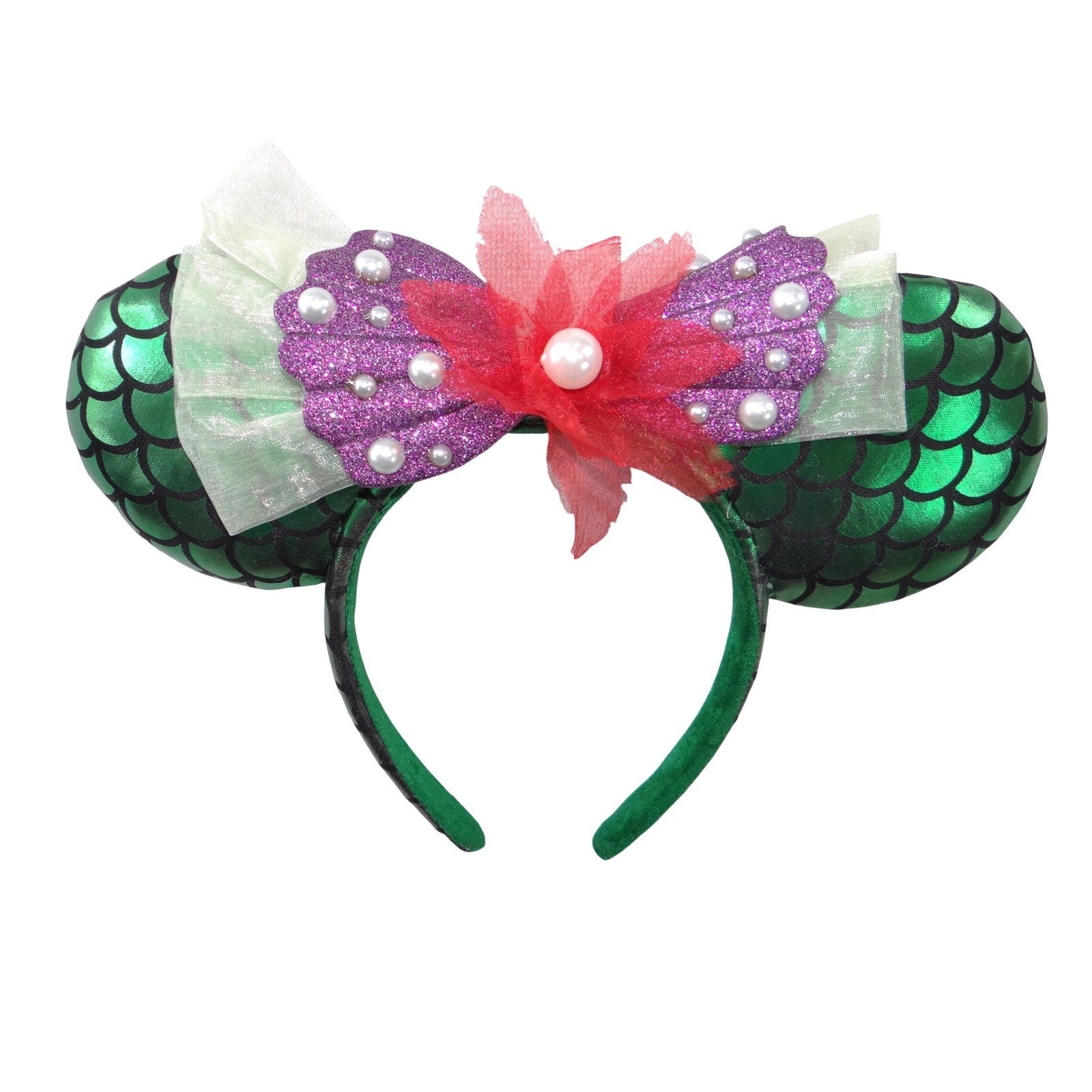 Mermaid Mouse Ears Headband Green Scale Purple Glitter Shell Bow Kids