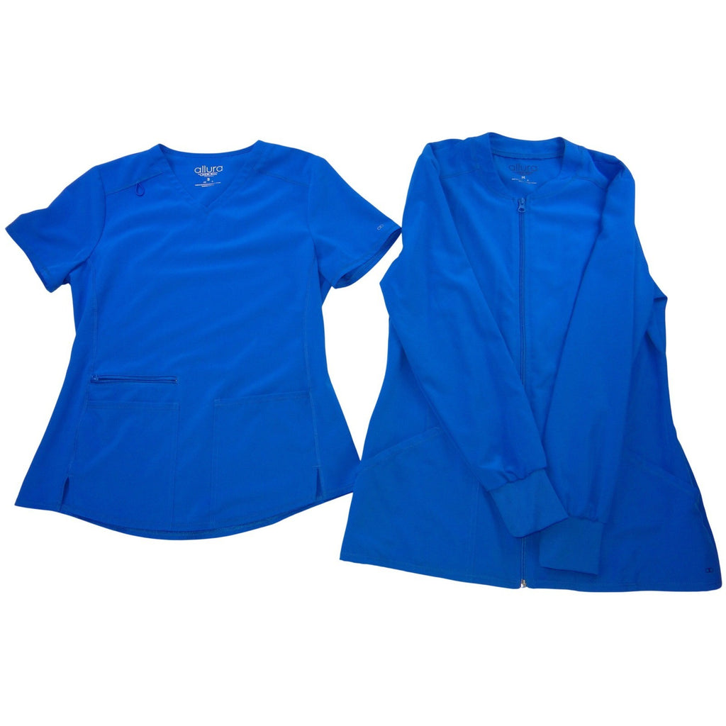 Allura by Cherokee Royal Blue Scrub Set V-Neck Top Small & Zip Jacket Medium