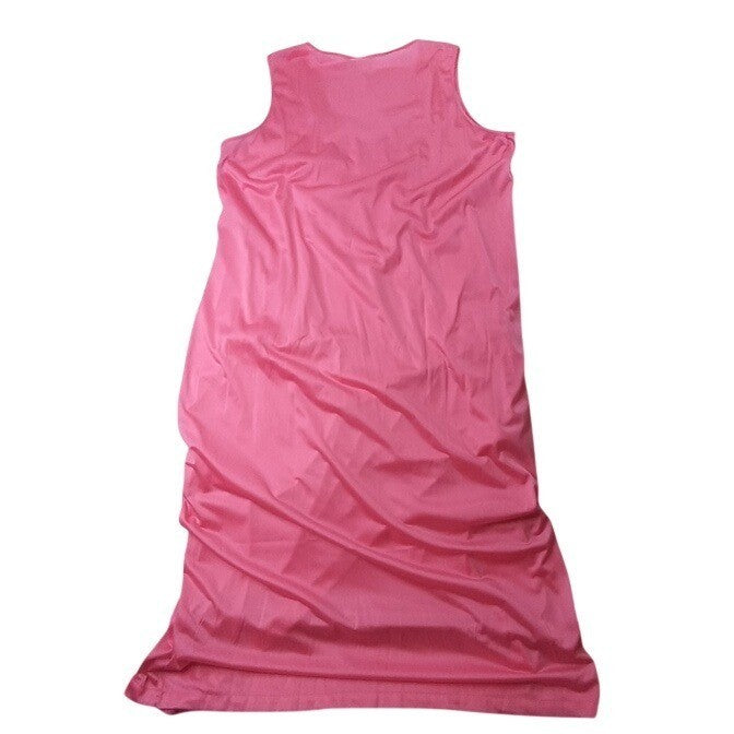 Vintage Princess Lingerie Pink Satin Nightgown Pearl Buttons Sheer Trim Size L