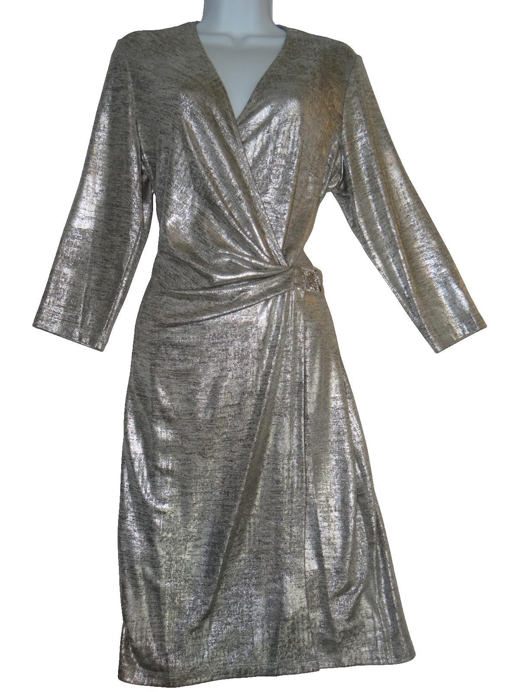 Anne Klein NWOT Silver Metallic Long Sleeve Wrap Dress with Decorative Buckle