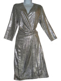 Anne Klein NWOT Silver Metallic Long Sleeve Wrap Dress with Decorative Buckle