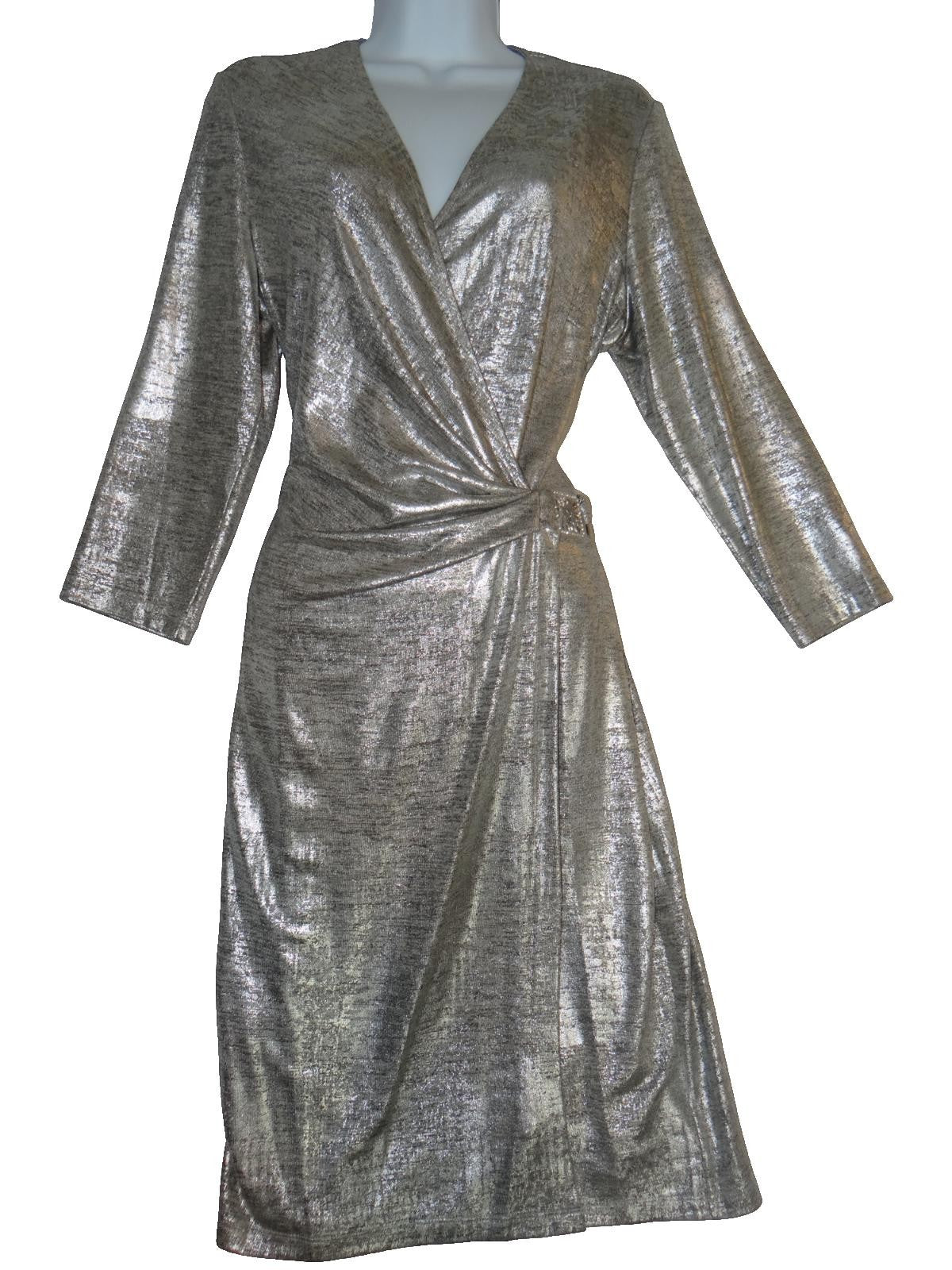 Anne Klein NWOT Silver Metallic Long Sleeve Wrap Dress with Decorative Buckle