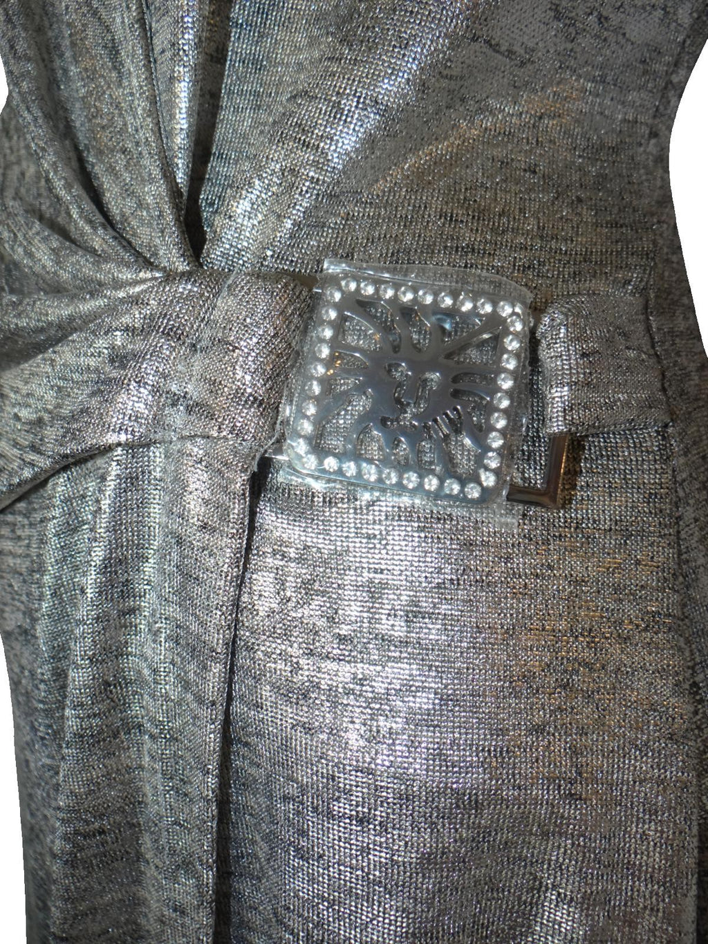 Anne Klein NWOT Silver Metallic Long Sleeve Wrap Dress with Decorative Buckle