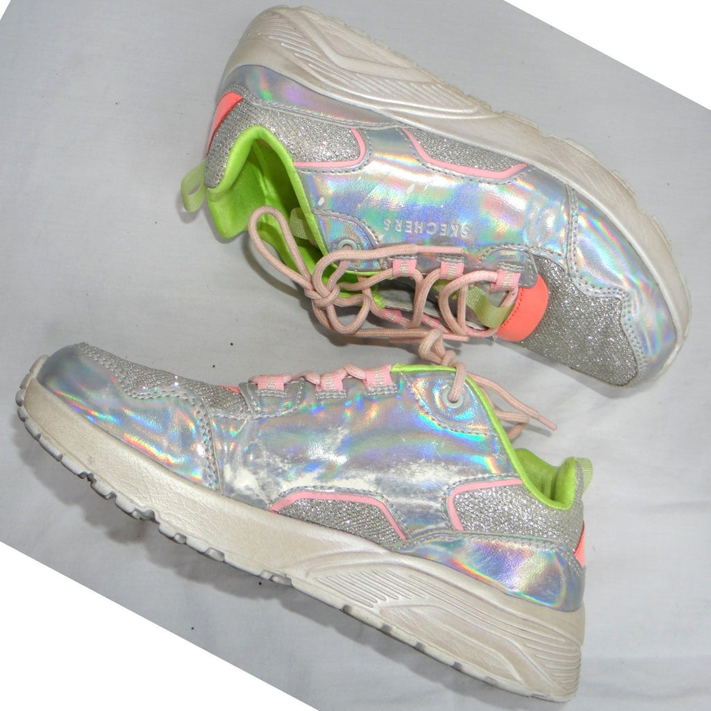 Skechers Girls Silver Holographic Glitter Rainbow Lace Up Sneakers Shoes Sz 5 US
