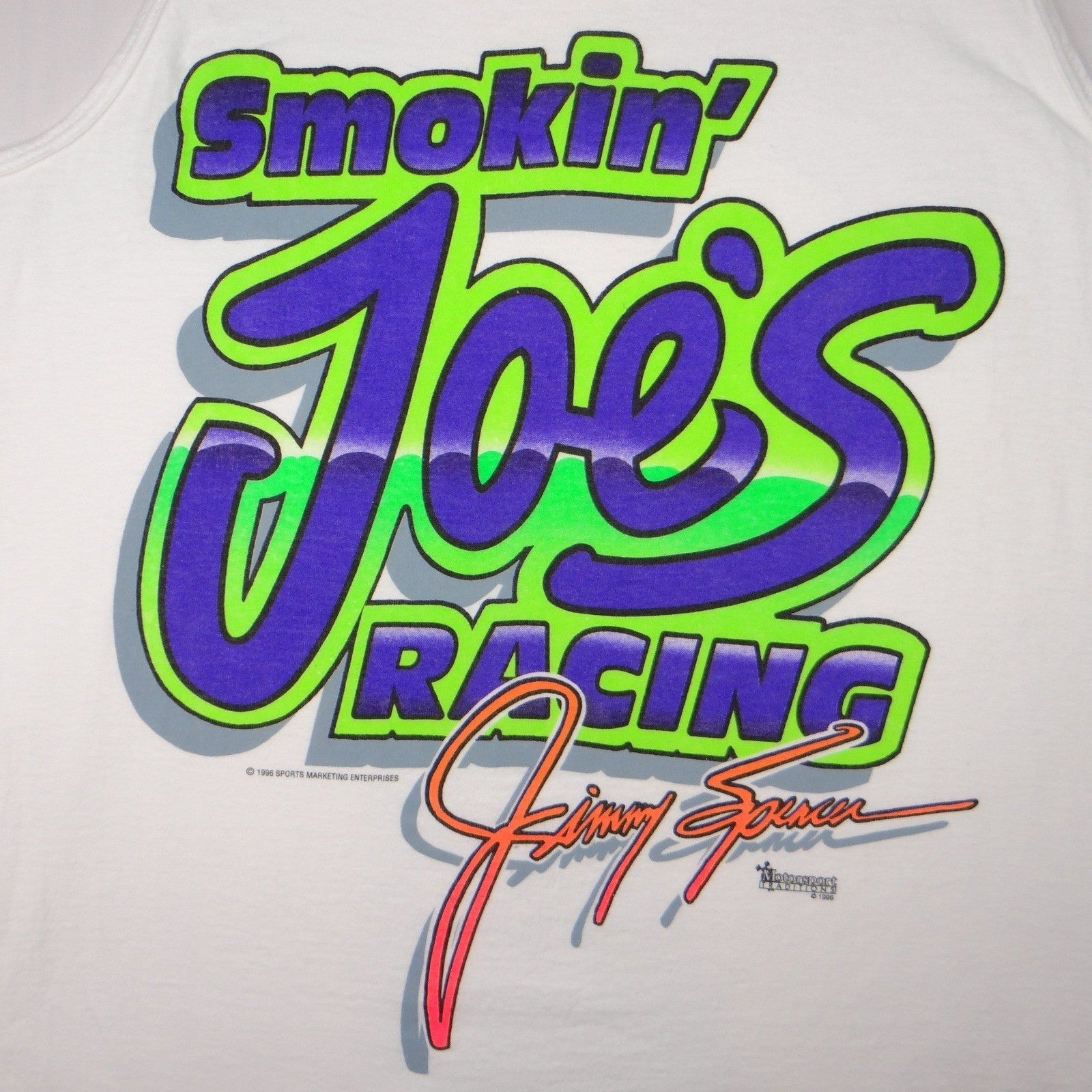 Vintage Smokin Joes Racing tank top featuring Jimmy Spencer graphics White Neon