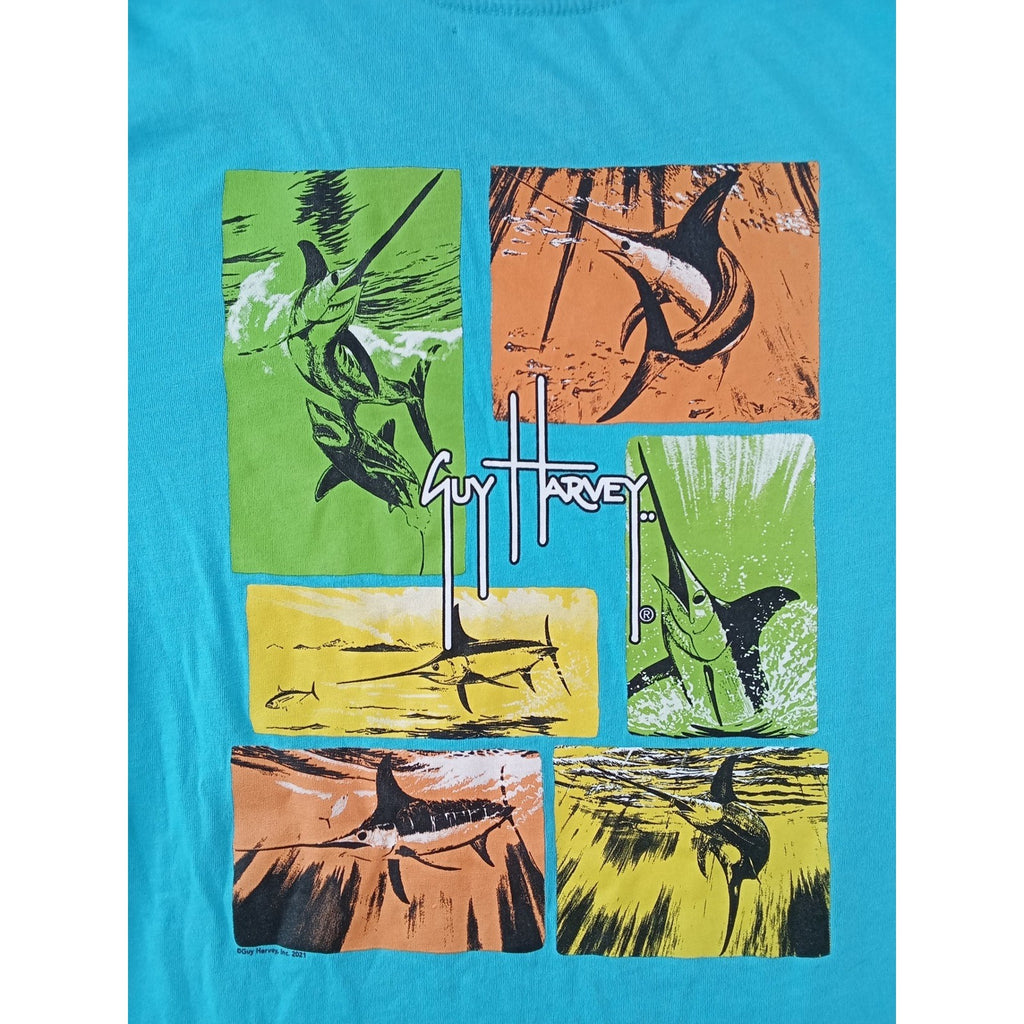 Guy Harvey Youth XL Turquoise Blue Marlin Fish Graphic Short Sleeve T-Shirt