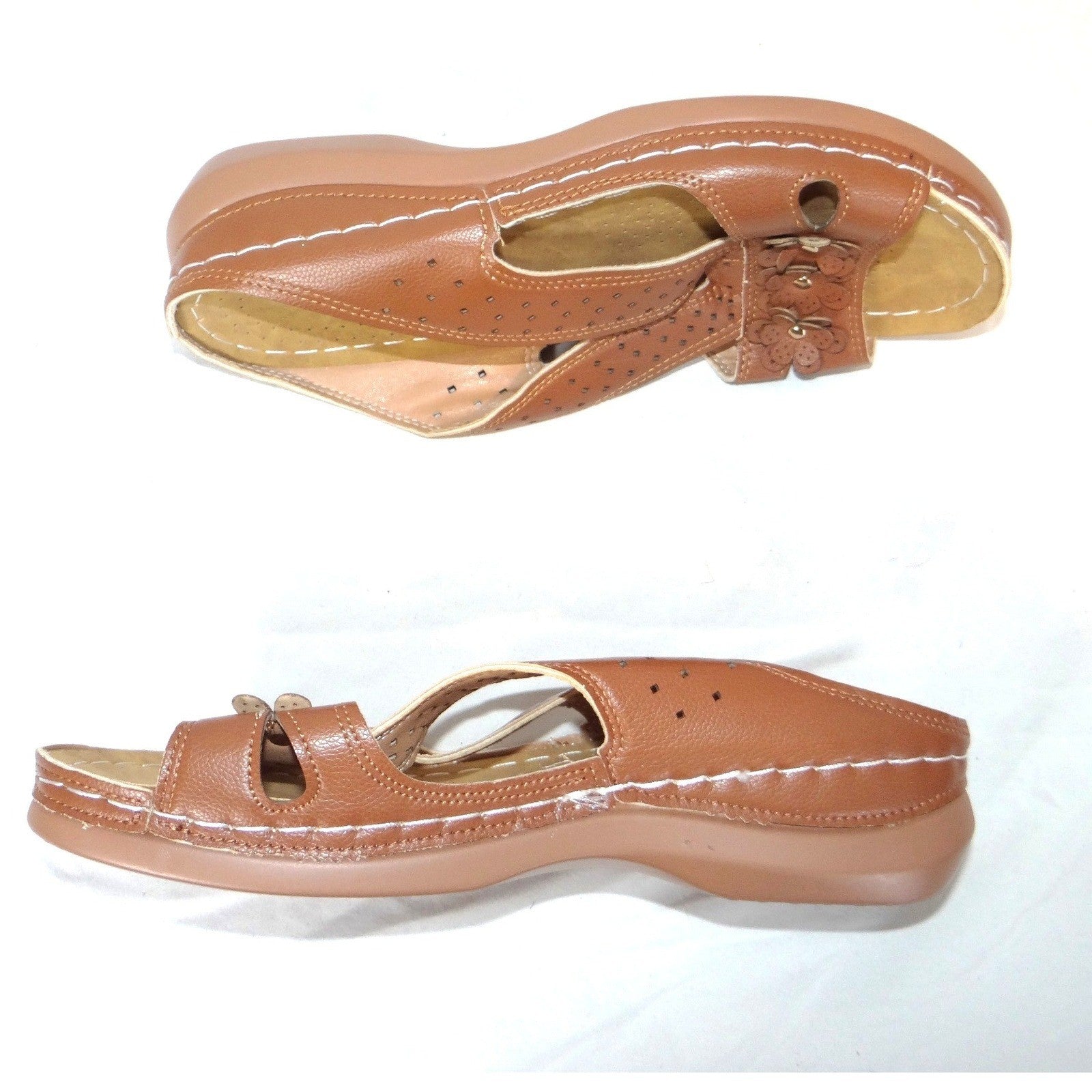Womens Tan Floral Wedge Sandals Perforated Slip On Comfort Slides Brown EU 41