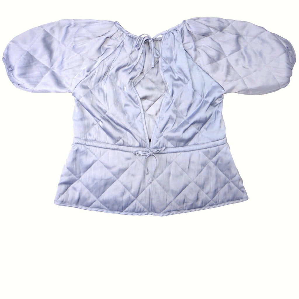 H&M Quilted Puff Sleeve Top Light Blue Gathered Waist Tie Back XS