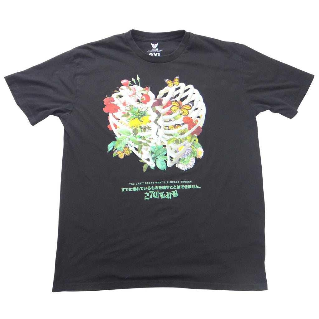 27Club Mens 2XL Black Graphic T-Shirt Broken Heart Rib Cage Floral Butterfly