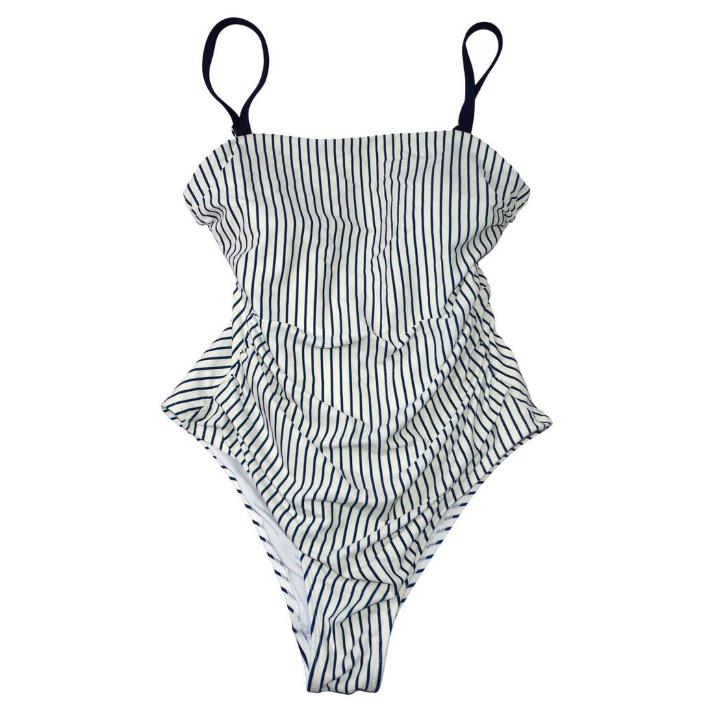 Navy Blue White Striped Ruched One Piece Swimsuit Square Neck Nautical Summer S