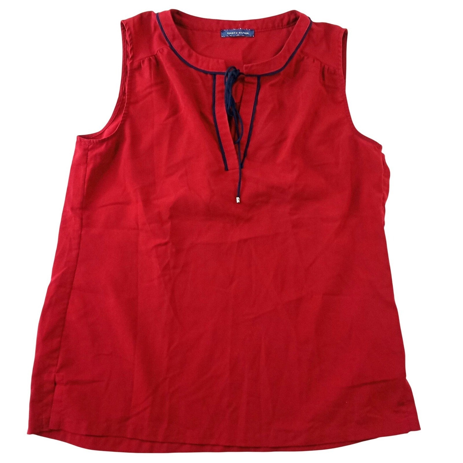 Tommy Hilfiger Womens Red Sleeveless Split Neck Tie Blouse Navy Trim