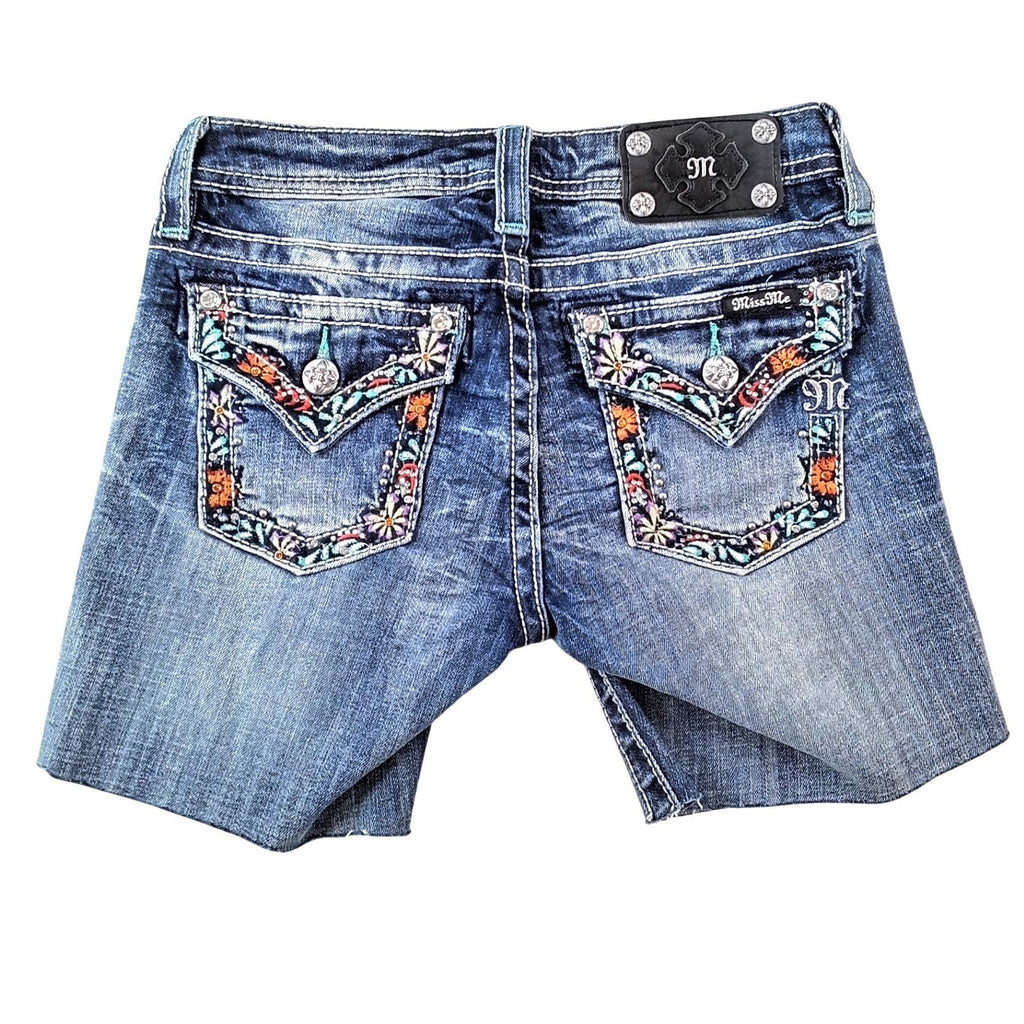 Miss Me Girls Size 16 Bermuda Cut-Off Denim Shorts Dark Wash Embroidered