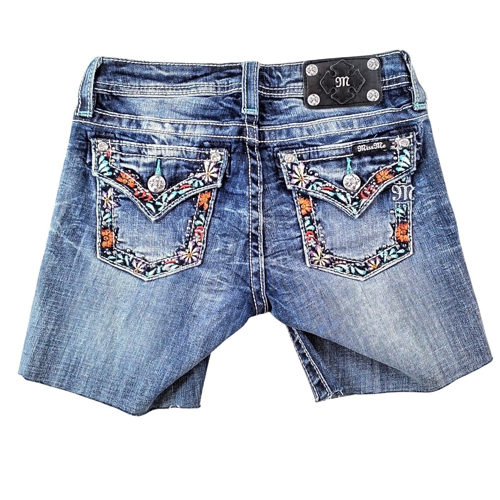 Miss Me Girls Size 16 Bermuda Cut-Off Denim Shorts Dark Wash Embroidered