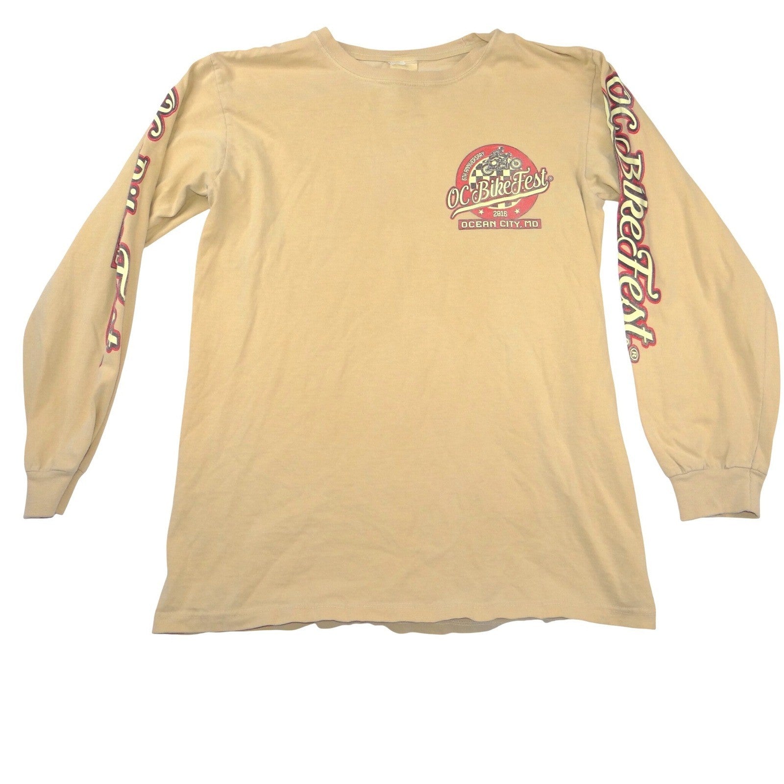 OC Bike Fest 2016 Ocean City MD Long Sleeve Graphic T-Shirt Mens Small Tan
