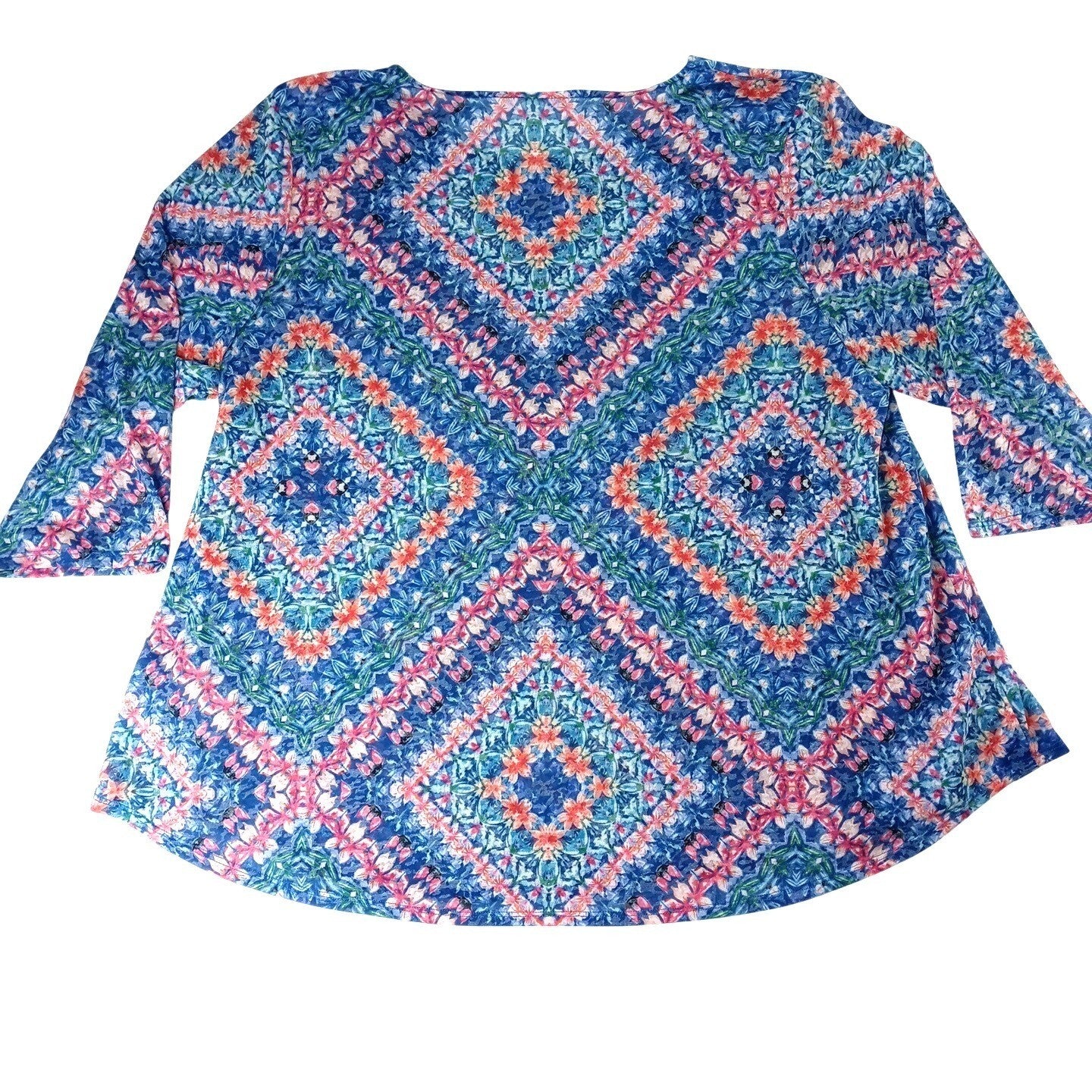 NWT-Ruby Rd. Favorites Woman 3X Blue Floral Geometric Print 3/4 Sleeve Tunic Top