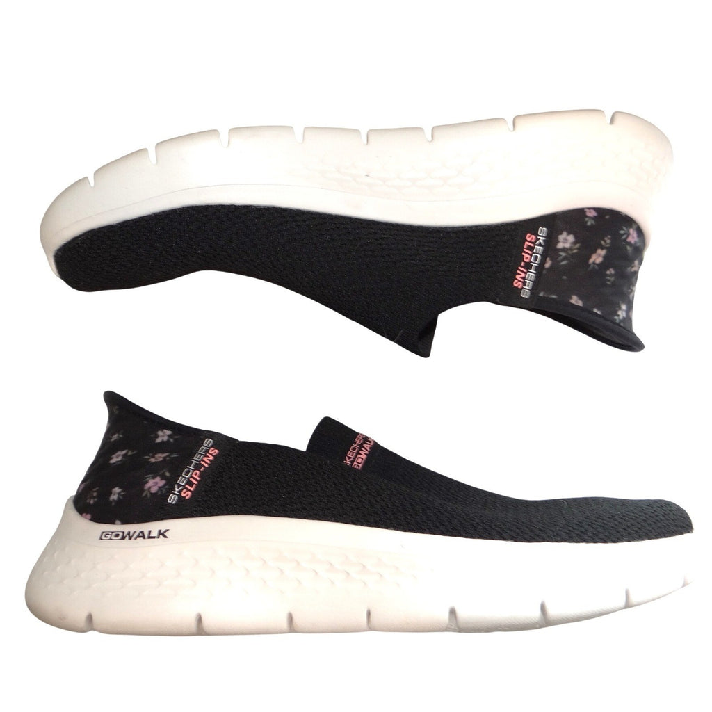 Skechers Womens Go Walk Slip-ins Black Floral Walking Shoes Size 8