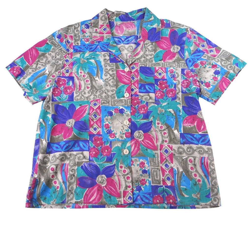 Vintage Vibrant Womens Abstract Floral Print Short Sleeve Button Up Shirt