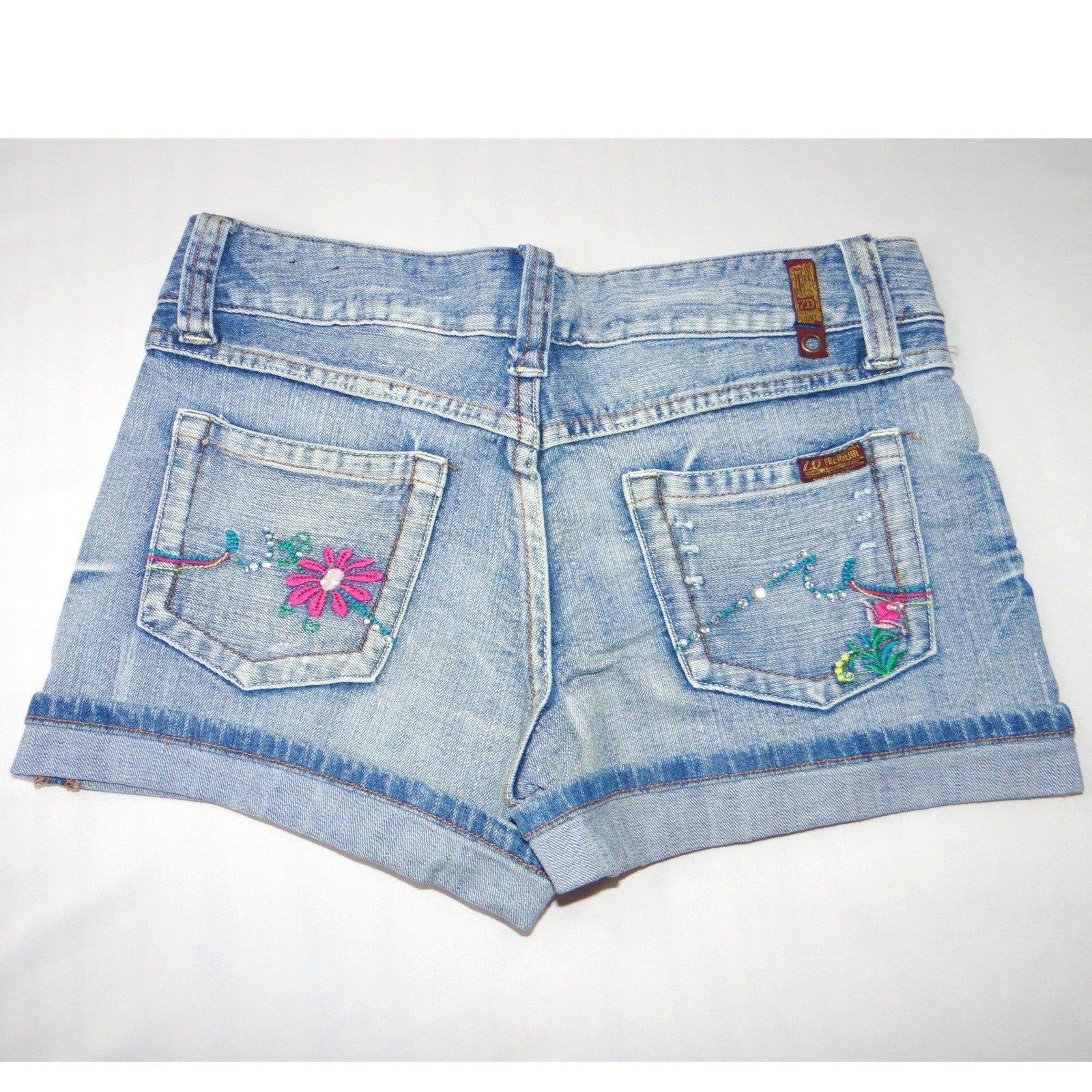 Y2K Vintage ZANADI Denim Shorts Distressed Floral Embroidered Cuffed Blue Sz 9