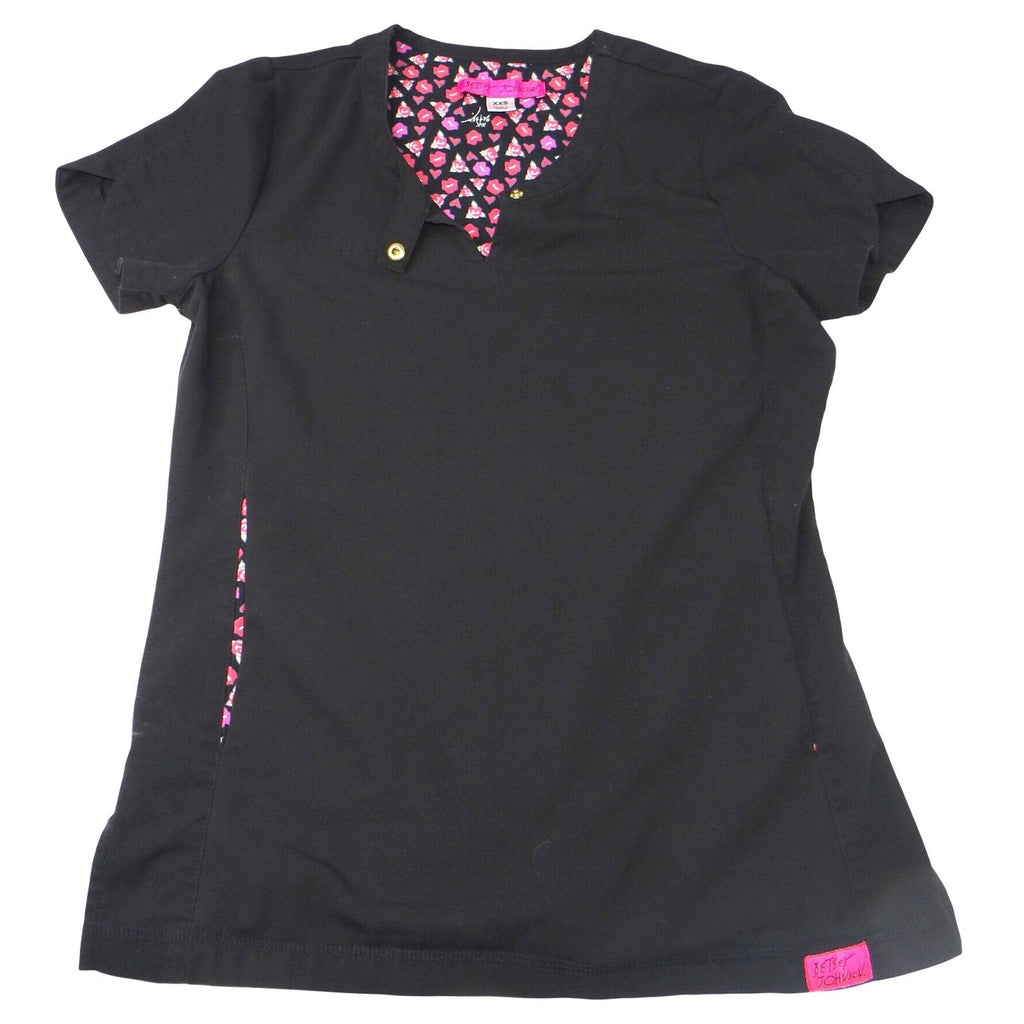 Betsey Johnson Black V Neck Scrub Top Short Sleeve Lips Roses Print XXS