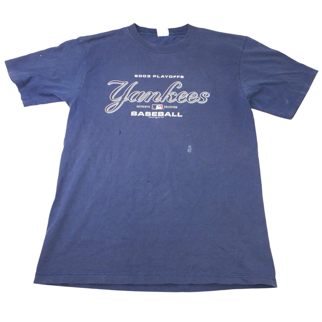 Majestic MLB 2003 Playoffs New York Yankees Baseball TShirt Mens Read Distressed