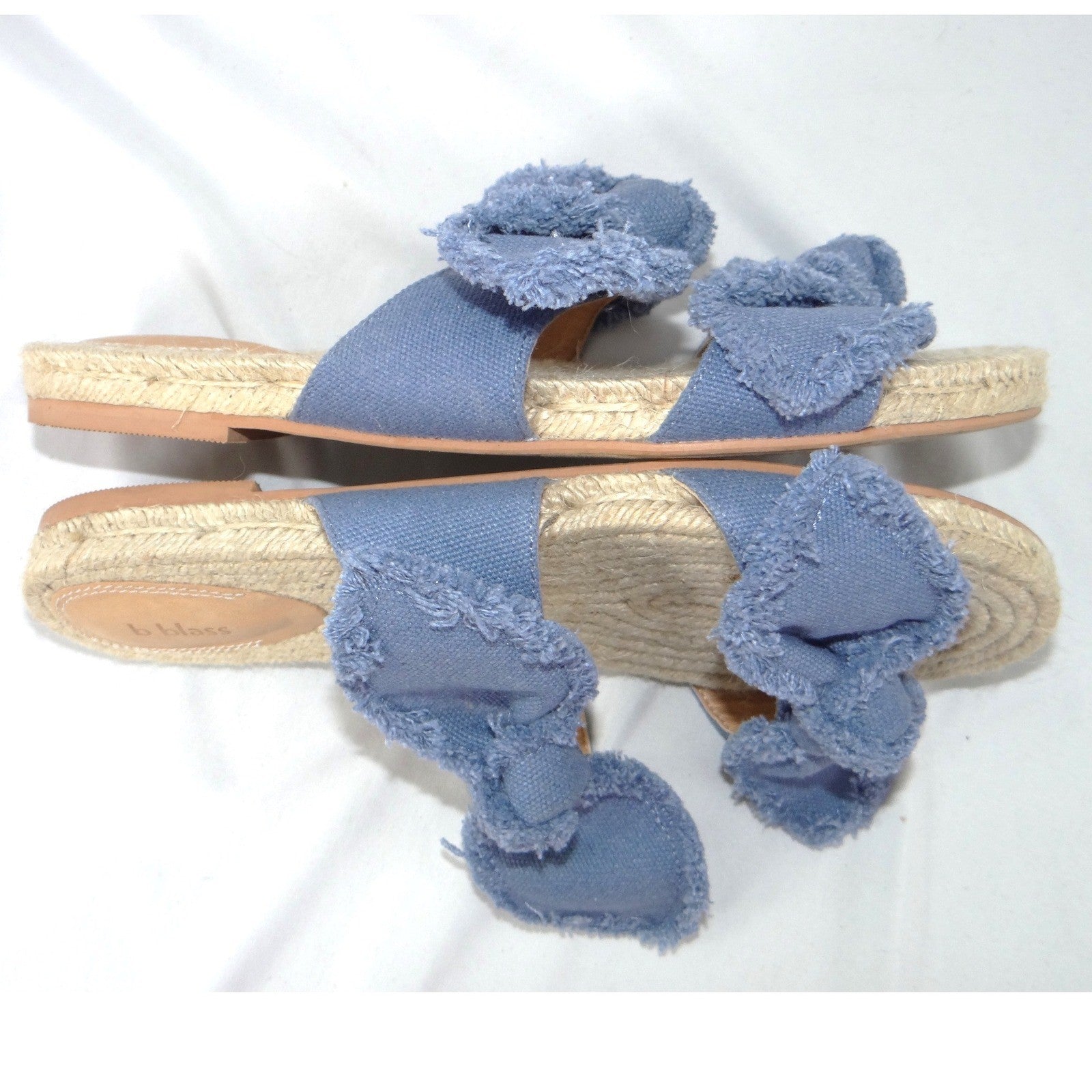 B Blass Womens Blue Frayed Bow Espadrille Slide Sandals Flat Jute Size 7.5M 38