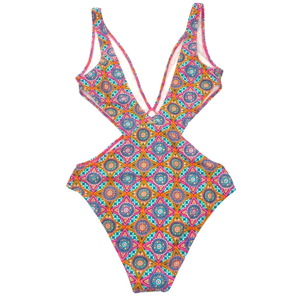 NWT-Volcom Womens Geometric Mandala Print Cut Out Monokini Swimsuit AST M